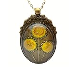 3 Sunflower Helianthus Real Flower Transparent Glass Pendant 18k Gold Plated Long Chain Necklace