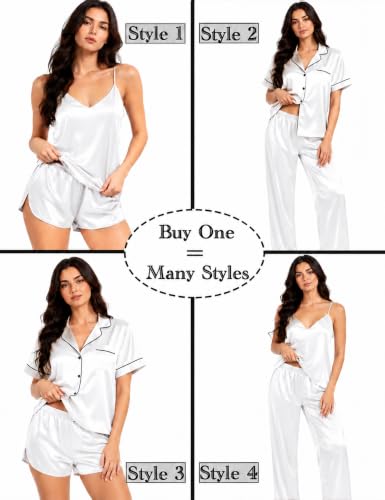 Image of SWOMOG Womens Silk Satin Pajamas Sets 4pcs Sleepwear Sexy Cami Shorts Set and Button Down Short Sleeve Pjs Loungewear