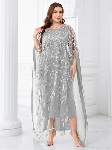 Image of Plus Size Sparkly Formal Evening Gown Sequin Cape Overlay Mother of Bride Dress Wedding Guest Cocktail Party