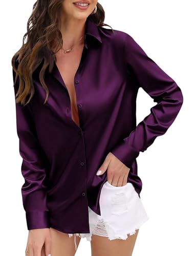 Image of IndoPrimo Women's Satin Shirt with Spread Collar Neck Line Solid Pattern Full Sleeves Regular Fit Western Style and Standard Length
