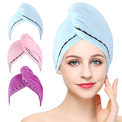 3 Pack Microfiber Hair Towel Wrap BEoffer Super Absorbent Twist Turban Fast Drying Hair Caps with Buttons Bath Loop Fasten Salon Dry Hair Hat Pink Blue Purple