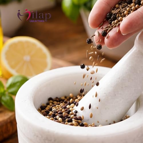 Image of White Marble Mortar and Pestle Set 5 Inch Natural Stone Spice Hand Grinder for Kitchen Herbs Masala Garlic Crusher Heavy Duty Khalbatta for Home Cooking