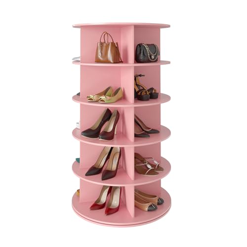 SpaceAid 5 Tier Rotating Shoe Rack Tower, Spinning Shoe Display Lazy Susan, Revolving 360 Shoe Rack Storage Round Carousel, Vertical Handbag Rotate Shoes Closet Organization (5-Tier Pink)