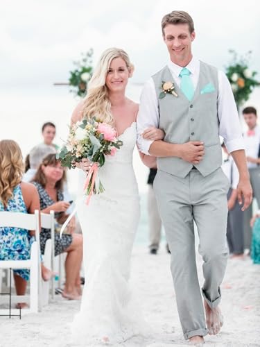 Men's Linen Suits 2 Piece Slim Fit Suit Lightweight Summer Beach Wedding Prom Vest and Pants Set4