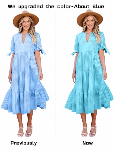 Image of Theenkoln Womens Casual Midi Dress: Short Sleeve V-Neck Empire Waist Gingham Spring Fashion Long Trendy Tiered Formal Dresses