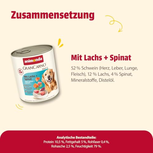 animonda GranCarno Adult Hunde Nassfutter mit Lachs + Spinat (6 x 800 g)