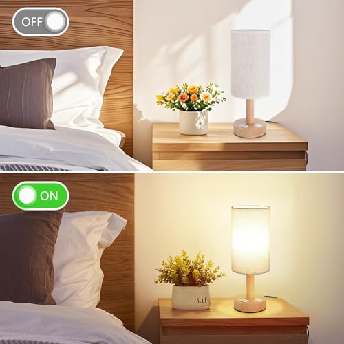 Image of Small Bedside Table Lamp with AC Outlet, Natural Wood Base & Linen Shade, Mini Cute Cozy Warm White Nightstand Boho Lamp, Study Desk Night Stand Light for Bedroom, Kitchen, Nursery, Living Room