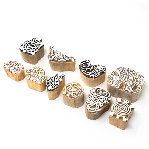 Image of Wooden Stamp Block, Printing Stamp Design Set | Block for Printing Saree Border | Dresses, Craft Card Making, Scrapbook, Clay Pottery | Set of 10