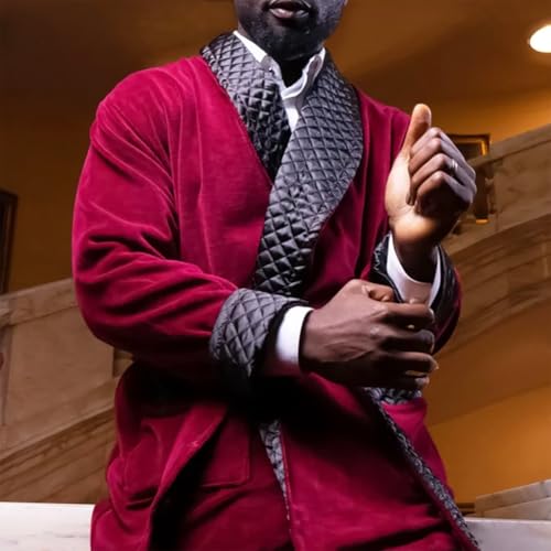 Men's Velvet Smoking Jacket Regular Fit Long Overcoat with Belt Prom Double Breasted Cigar Robe for Wedding Dinner3