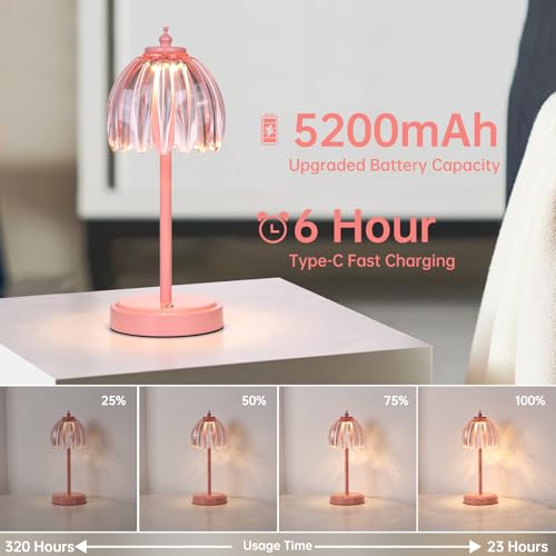 Image of Shenmoyl Rechargeable Table Lamp with 5200mAh Battery & Touch Control - 3 Adjustable Color Temperatures, Cordless Dimmable Table Light for Bedroom, Office Desk, Nightstand (Clear Pink,Pink Base)