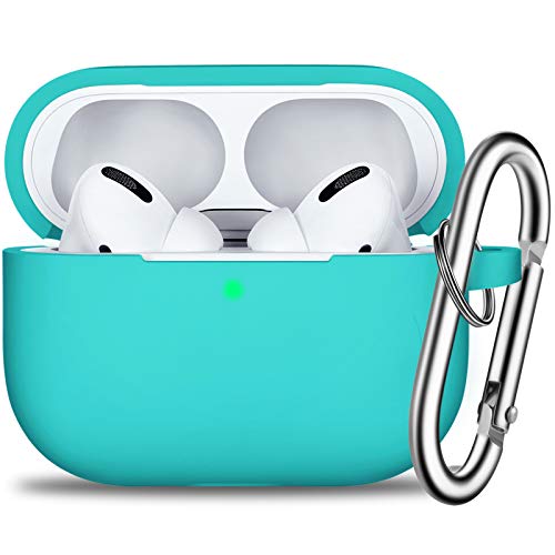 R-fun AirPods Pro Case Cover with Keychain, Full Protective Silicone Skin Accessories for Women Men Girl with Apple 2019 Latest AirPods Pro Case, Front LED Visible-Teal