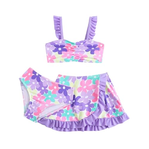 Traje de baño de Dos Piezas con Estampado Floral para niñas, Bikini con Falda con Volantes y Pantalones Cortos a Juego para Piscina y Playa en Verano, de Resistente al Cloro