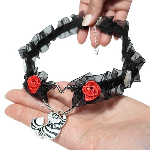 LUV HER Disney Alice in Wonderland Black Lace Choker Necklace with Roses & Heart Charm – Adjustable Jewelry for Women & Girls – Ideal for Cosplay & Themed Parties3