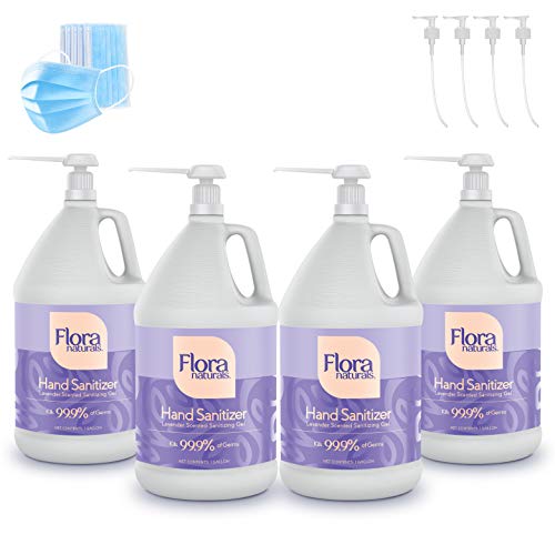 Flora Naturals Case of 4 Gallon Hand Cleaner, 70 Percent Ethyl Alcohol - 4 Free Pumps Included - 10 Free Masks Included, Made in USA