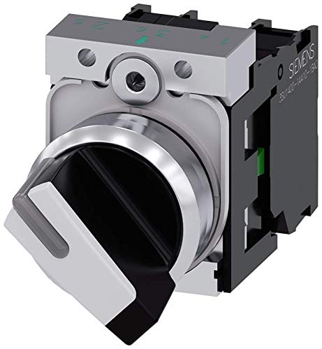 Siemens 3SU11502BF601MA0 Selector Switch, O-I, Black, 5to500volts, Plastic & Metal, IP66, IP67, IP69K Protection Rating, Shiny Metal, 22mm, White