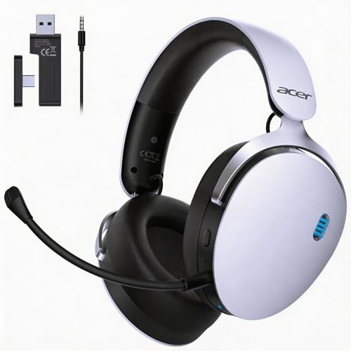 acer 2.4GHz Wireless Gaming Headsets for PS5, PS4, PC, Switch, 3 in 1 Gaming Headphones with Noise Canceling Mic, Stereo Sound, 40+Hr Battery, 50mm Drivers - White