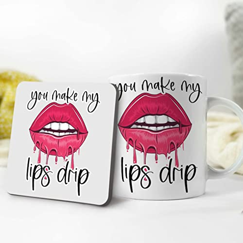 Coffee Lovers Lips Drip Coffee Mug and Coaster Gift Set Novelty Joke Rude Mug Tea Coffee Cup