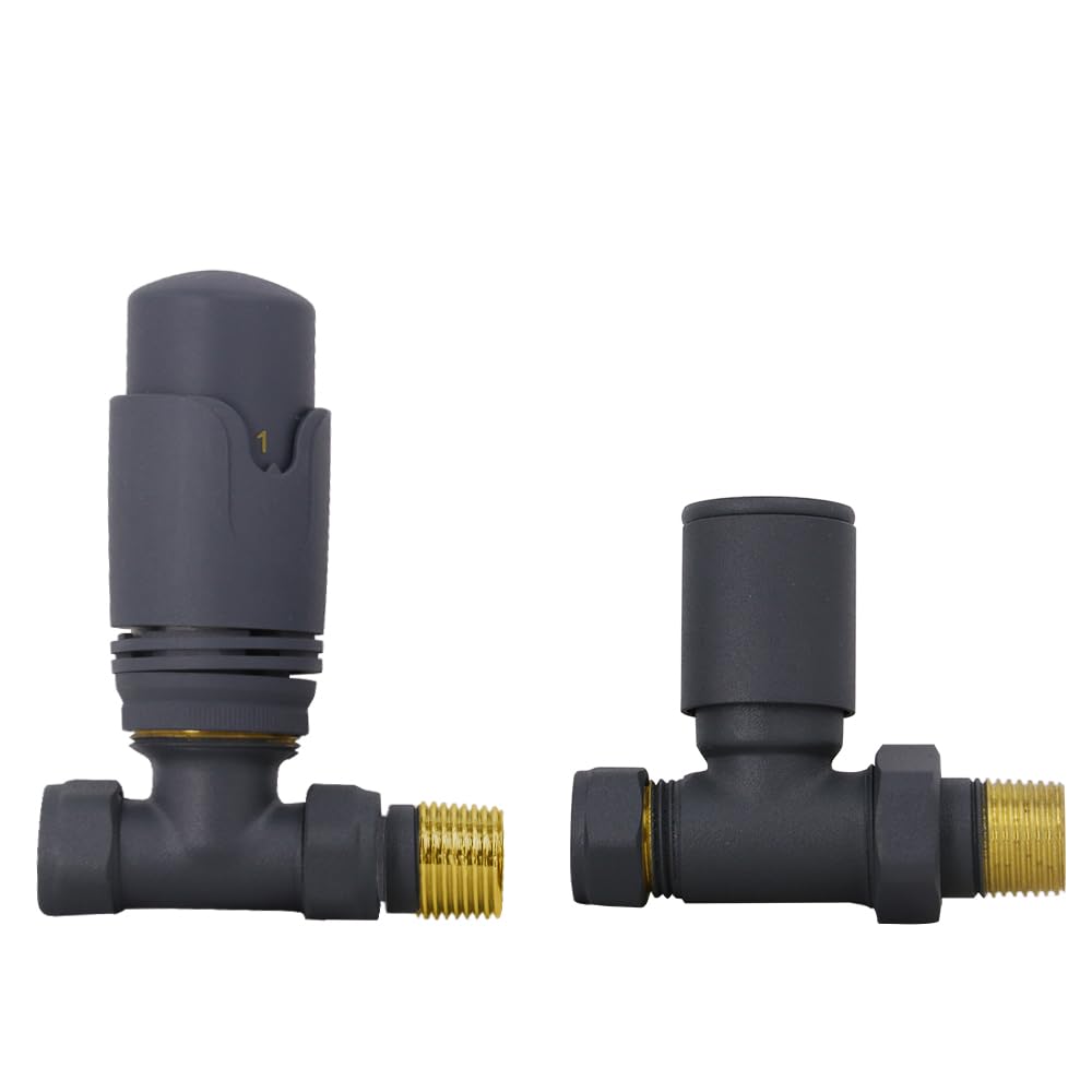 Nrg Anthracite Straight Thermostatic & Manual Valve Radiator Valves Central Heating Taps