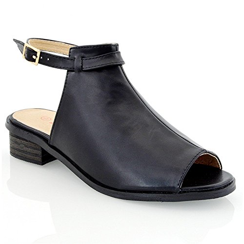 ESSEX GLAM Womens Peep Toe Sandals Flat Low Heel Backstrap Cut Out Ladies Summer Shoes