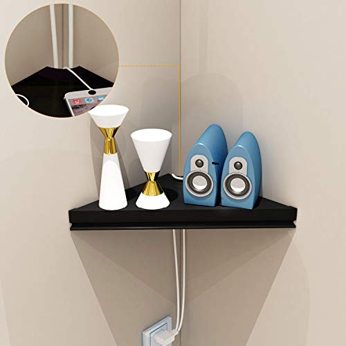 Evron Wall Mount Corner Shelf,Easy To Install Metal Front Floating Corner Shelf With Self-Adhesive Tapes,Wood Imitation Corner Shelves With Wire Pass Hole Pattern (Black) #TOP3