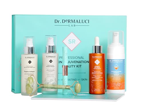 Set Geschenkbox Gesicht Damen/Herren BIO | Hellt auf, Hydriert, Anti-Aging | Mit Vitamin-C-Mousse, Vitamin-C-Serum, Booster, Kollagen-Creme | Jade-Roller & Wimpernserum | Geschenk | AIAB Made In Italy