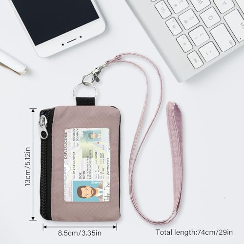 Image of Minimalist RFID Wallet with Lanyard, Multi-Functional ID Case with 2 Zipper Pockets and Key Chain for Men and Women, Tactical Badge Pouch Cards Holder, Coin Purse for Travel Sports - Gray&Pink