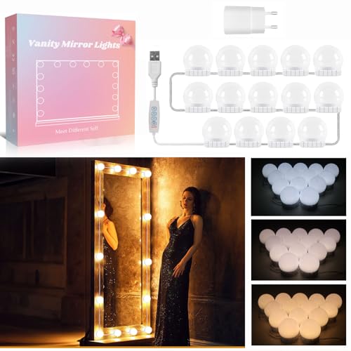 Akynite Lumière de Miroir Kit de 14 Ampoules avec Adaptateur, USB Câble Réglable, 3 Couleurs et 10 Intensités, Miroir LED Hollywood Dimmable, Lampe...
