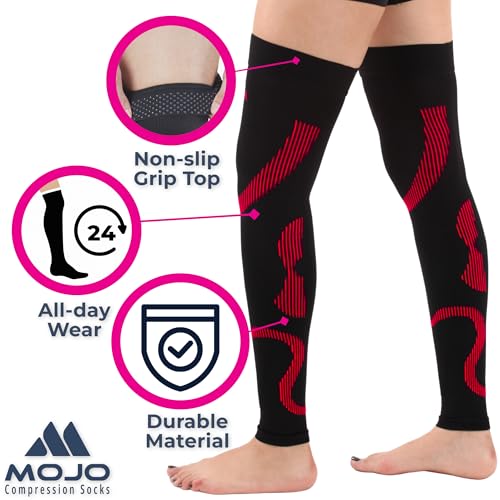 Mojo Compression Socks - 20-30mmHg Graduated Support Thigh-Hi Leg Sleeves with Grip Top - 10 Sizes, 5 Colors - Reduces Swelling, Ideal for Varicose Veins, Lymphedema, DVT Treatment - 1 Pair