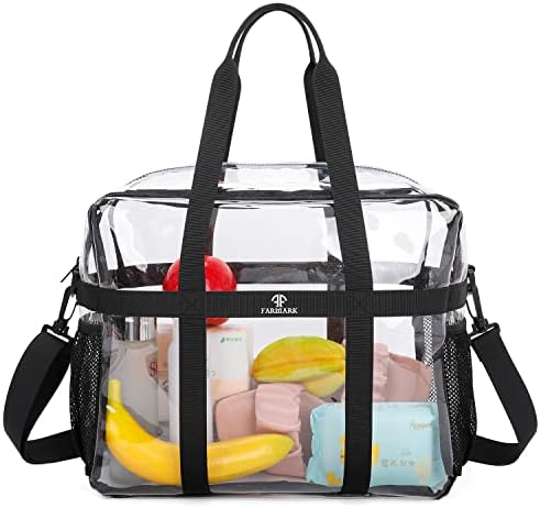FARMARK Clear Tote Bags Stadium Approved, Heavy Duty Travel Bags, Large Sports Shoulder Pack for Work,Competition,School (Black)