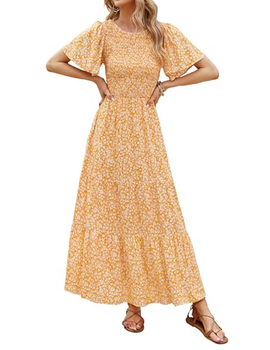 ZESICA Women's 2025 Summer Casual Floral Print Short Flutter Sleeve Crew Neck Smocked High Waist Flowy Maxi Dress,Yellow,X-Large