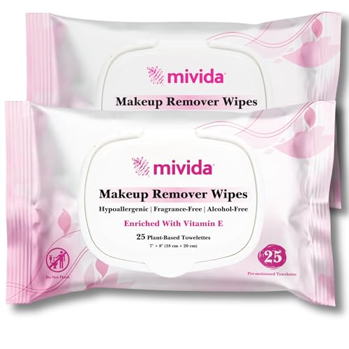 mivida Hypoallergenic Makeup Remover Wipes With Vitamin E, Dermatologist Tested, Alcohol Free & Fragrance Free Makeup Wipes For Sensitive Skin Make Up Remover, Travel Friendly 2 × 25 Count