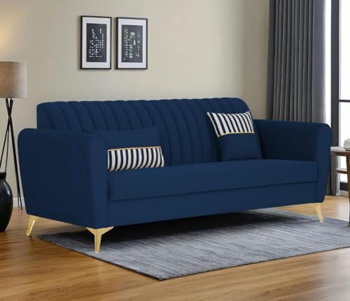 Image of MS Luxury FURNITRE Premium Luster 3-1-1 Sofa Set | Velvet Suede Fabric | 5 Colors and Golden Legs & Striped Pattern Cushion wit Centre tabule Free (Blue, 3 seatar)