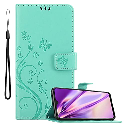 Cadorabo Hülle kompatibel mit Samsung Galaxy M21 / M30s Blumen Design aus Kunst Leder Flip Klappbare Magnetische [Standfunktion] [Kartenfächern] Cover Hülle für Galaxy M21 / M30s Tasche in Türkis
