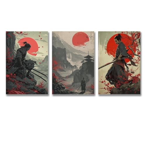 3枚 日本の侍と赤い太陽 絵画 インテリア ポスター 水彩イラストアート 日本のイラストアート アニメゲームのキャラクター アートパネル 風景画 自然風景 絵 アートポスター 装飾画 キャンバス 飾り絵 壁飾り 壁の絵 玄関 壁掛け 額無し 60x90cm