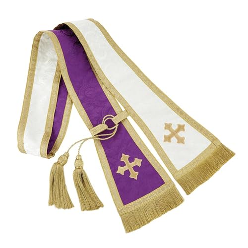 Needzo Reversible Purple and White Jacquard Confessional Stole with Gold Trim and Tassels, 92 Inches