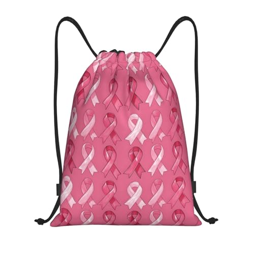 Drawstring Backpack - Pink Ribbon Print Sports Gym Sackpack String Bag For Women Men, Lightweight Draw String Back Bag For Workout Travel