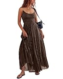 Gacaky Summer Dress for Women Casual Lace Floral Embroidered Bohemian Maxi Dress Flowy A Line Beach Long Dresses Coffee Small