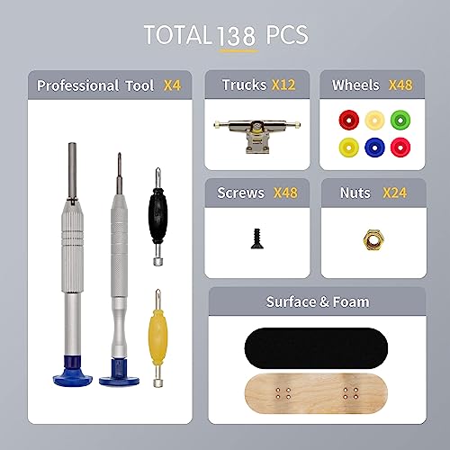 Figureslab 138Pcs Fingerboard, Skateboards, Finger Board Trucks, Foam Grip Tape, Wheels, Screws, Spanners, Nuts, Deck Parts Kit, Diy Tools Accessories For Kids & Adults #TOP2