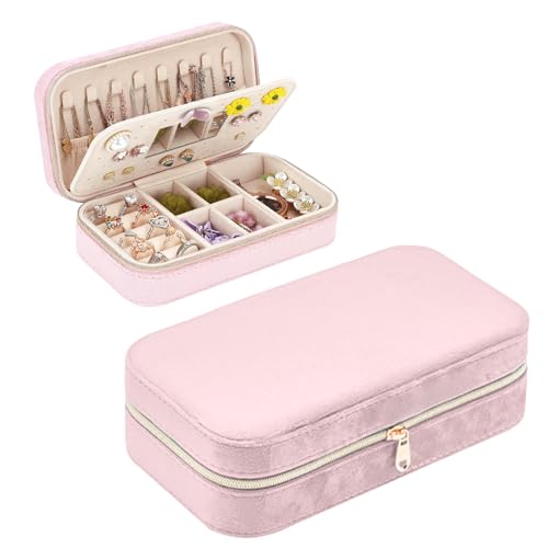 ICOUVA Joyero organizador, mini estuche de viaje de terciopelo con cremallera para anillos, aretes, collares, pulseras, pequeño organizador portátil de joyas de viaje, estuche de almacenamiento para