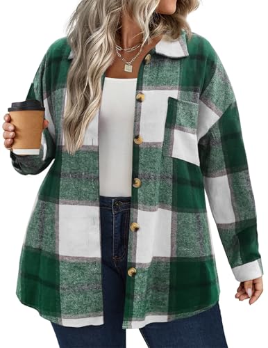 IN'VOLAND Women's Plus Size Plaid Shacket Long Sleeve Button Down