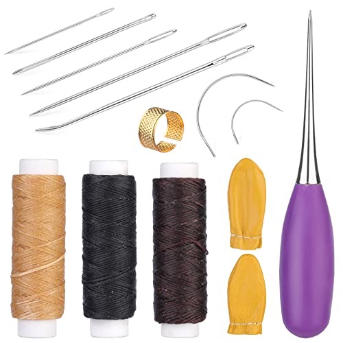 Ruasol Kit de réparation de tapisserie d'ameublement, kit de couture en cuir comprenant du fil ciré en cuir, un poinçon, une aiguille à coudre en cuir, un kit de couture en cuir de base pour débutants Cover