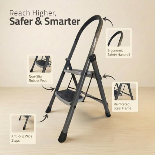 Image of Dropin Premium Steel 2 Step Foldable Ladder for Home Use with Built-in Tool Tray, Climb Easy Anti-Slip Wide Rubber Secure Lock 150Kg Capacity, Heavy Duty D Shape Rods - 20 x 30 cm Large Platform