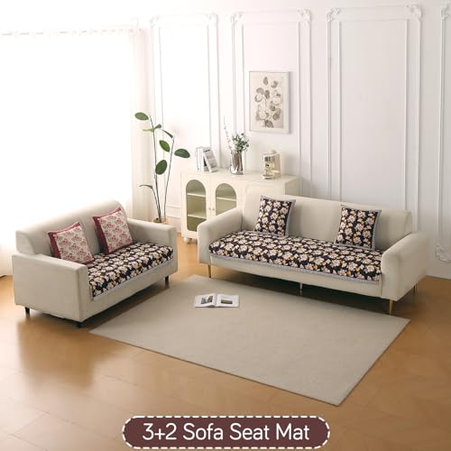 Image of HOKIPO 'Florentina Series' Premium Holland Velvet 5 Seater Sofa Cover Mat in 3+2 Configuration with Foam Filling for Extra Softness, Anti-Slip Backing, Camellia Brown (IN-881+879-V2)