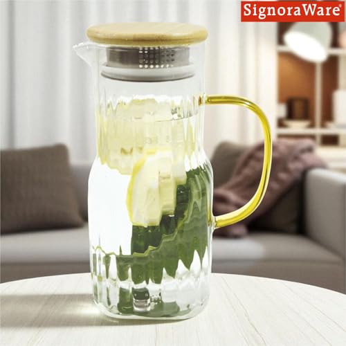 Image of Signoraware BoroBloom Borosilicate Glass Jug with Bamboo Lid | Heat Resistant | Elegant Airtight Bamboo Lid for Natural Look | Ideal for Water, Juice, Detox & Infused Beverages (1.4 Ltr | Clear)