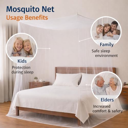 Image of Mosquito Net for Double Bed (6x6.5 ft) - Premium Square Design Polyester Machardani | Hanging Bed Netting for Home & Travel | Durable Insect, Fly & Bug Protection Screen (White)