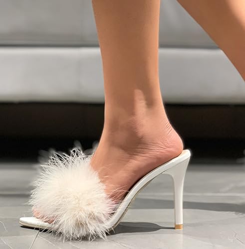 Women's Feather Heels, High Pointed Toe Fuzzy Fluffy Heels, Mules Sandals for Lingerie Wedding Bridal Party4