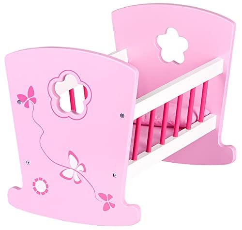 Cuna Mecedora de Madera Rosa 46x28x34 cm con Almohada y Edredón | Ropa de cama incluida, edredón más almohada, movimiento de balancín, accesorio para cuidar muñecas durante el juego