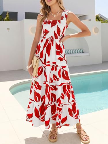 Image of Caracilia Womens Summer Maxi Dresses Floral Smocked Sleeveless Ruffle Boho Casual Flowy Aline Beach Vacation Long Sundress