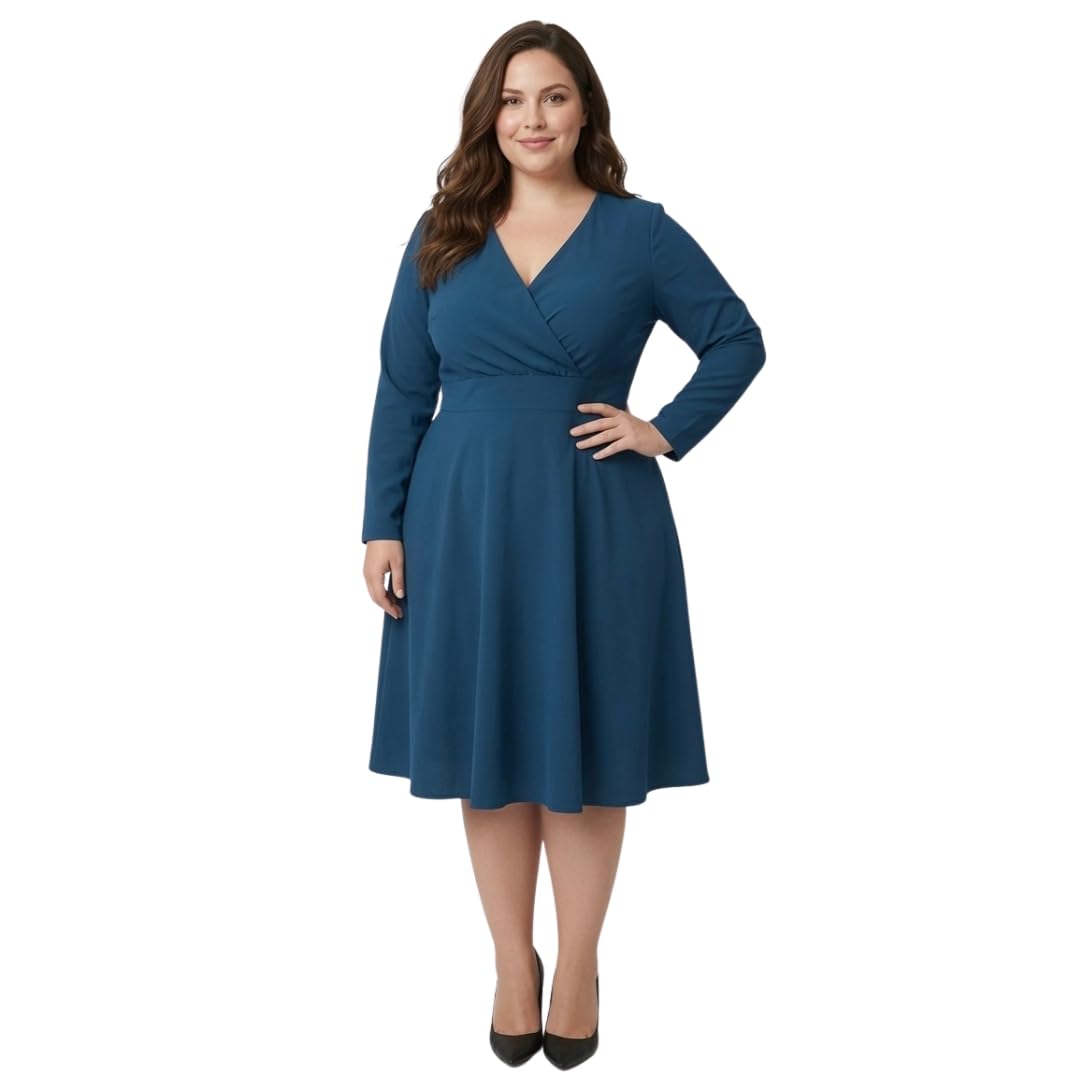 Women's Plus Size Sapphire Grace Fit & Flare Midi Dress, Polyester V-Wrap Neck Long Sleeve, Flattering Comfortable Dress, Elegant A-Line Casual, Office, Party-picture-56