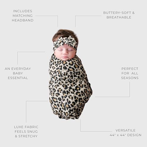 Image of Posh Peanut Swaddle Blanket & Headband Set - Viscose from Bamboo Stretchy Baby Swaddle for Newborn Girls, Receiving Blanket or Nursing Cover